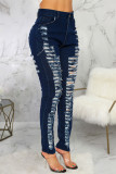 Jeans skinny azul escuro sexy sólido rasgado cintura alta