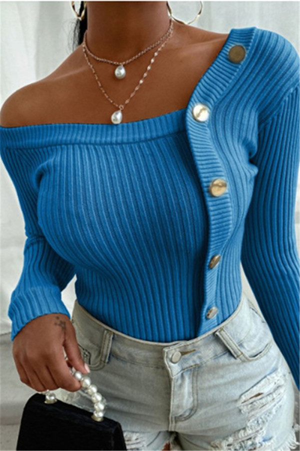 Blu moda casual colletto obliquo manica lunga manica normale patchwork solido top