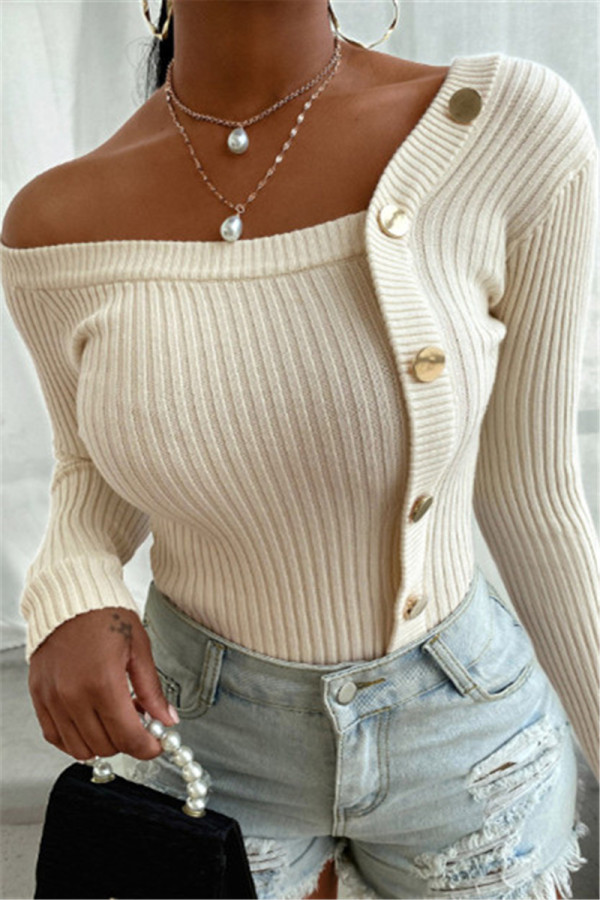 White Fashion Casual Oblique Collar Long Sleeve Regular Sleeve Regular Patchwork Solid Tops