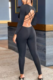 Black Fashion Sexy Adult Solid Backless U Neck Skinny Jumpsuits