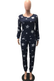 Navy Blue Fashion Adult Living Print Patchwork O Neck Long Sleeve Regular Sleeve Regular Two Pieces