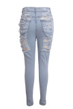 Темно-синие сексуальные однотонные рваные джинсы скинни с высокой талией