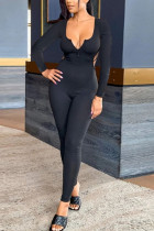 Zwarte mode sexy volwassen effen backless skinny jumpsuits met U-hals