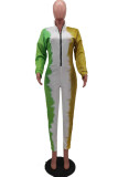 グリーン セクシー カジュアル ブレンド ミックスプリント パッチワーク ターンダウン カラー スキニー ジャンプスーツ