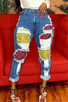 Deep Blue Fashion Casual Patchwork Split Joint Regular Jeans