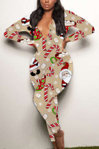 Khaki Sexig Party Patchwork Print Santa Claus V-hals Skinny Jumpsuits