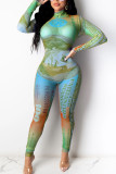 Grönt mode Sexigt Gaze Patchwork Print Genomskinlig Half A Turtleneck Skinny Jumpsuits