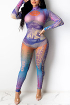 Lila Fashion Sexy Gaze Patchwork Print Durchsichtige halbe Rollkragenpullover Skinny Jumpsuits