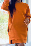 Orangefarbenes, lässiges, einfarbiges, langärmeliges, knielanges, langärmliges Kleid mit Tasche und O-Ausschnitt