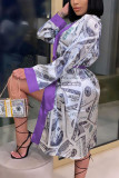 パープル ファッション カジュアル 大人 プリント パッチワーク ベルト付き Vネック アウター