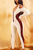 Abrikoos volwassen elegante gebreide effen patchwork V-hals reguliere jumpsuits
