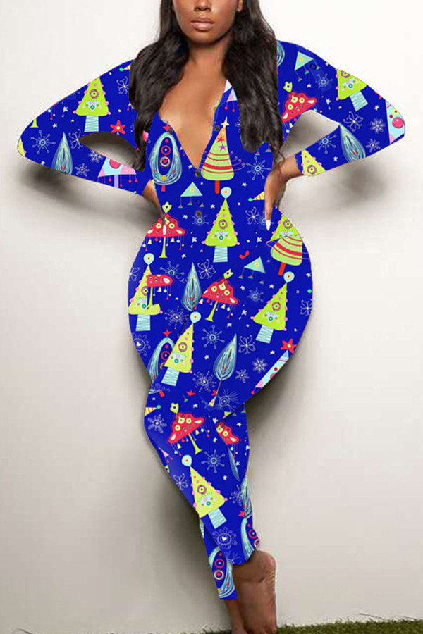 Macacão skinny de festa sexy azul com estampa de patchwork Papai Noel decote em V