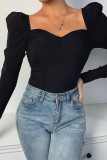Black British Style Solid Patchwork Square Collar Mid Waist Tops