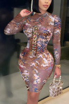 Коричневый сексуальный принт с выдолбленной лоскутной уздечкой и круглым вырезом с длинным рукавом длиной до колена юбка-карандаш платья