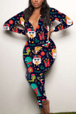 White Sexy Party Patchwork Print Santa Claus V Neck Skinny Jumpsuits
