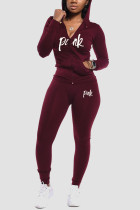 Wine Red Fashion Casual Letter Print Letter Hooded Collar Long Sleeve Regular Sleeve Regular Two Pieces