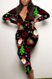 Macacão skinny com estampa de retalhos de festa sexy cáqui Papai Noel com decote em V