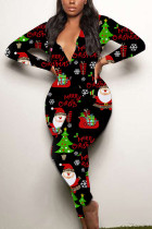 Zwarte Sexy Feest Patchwork Print Kerstman V-hals Skinny Jumpsuits