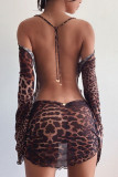 Леопардовый принт Уличный принт Пэчворк Мини-юбка-карандаш с открытой спиной и круглым вырезом с длинными рукавами Платья