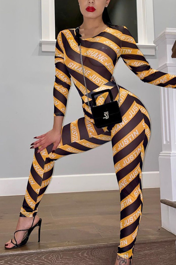 Gele sexy skinny jumpsuits met print en O-hals