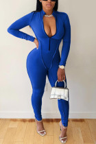 Macacão skinny azul fashion casual sólido básico com zíper
