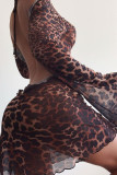 Mini saia lápis com estampa de leopardo, estampa de rua, costas nuas, gola redonda, manga comprida