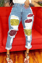 Baby Blue Fashion Casual Patchwork Split Joint Regular Jeans