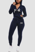 Dark Blue Fashion Casual Letter Print Letter Hooded Collar Long Sleeve Regular Sleeve Regular Two Pieces