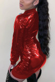 Красное модное сексуальное мини-мини-платье из искусственной кожи в стиле пэчворк с круглым вырезом и длинными рукавами