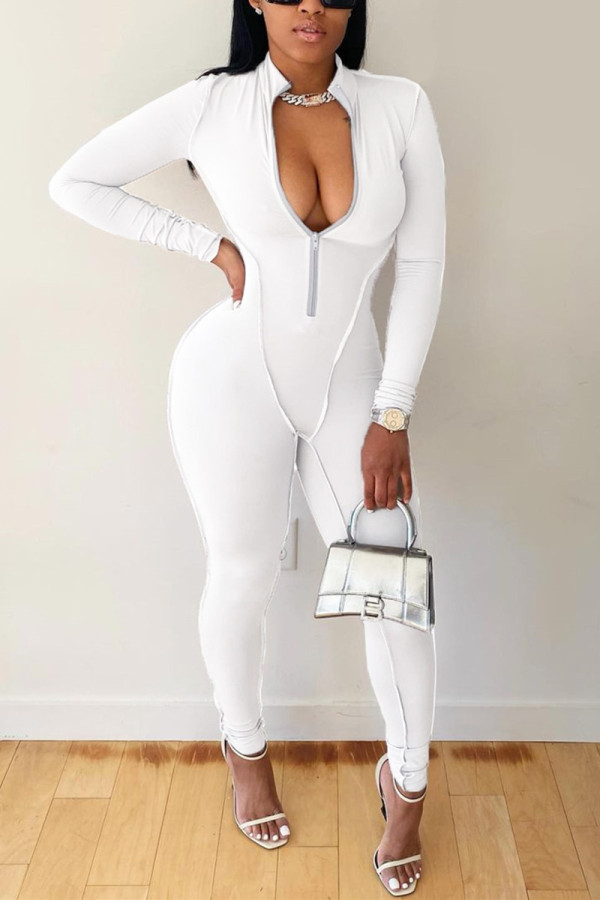 ホワイトファッションカジュアルソリッドベーシックジッパーカラースキニージャンプスーツ