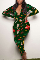 Grüne Sexy Party Patchwork Print Weihnachtsmann V-Ausschnitt Skinny Jumpsuits