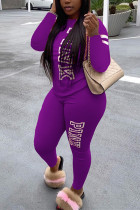 purple Fashion Casual Adult Letter Print Letter O Neck Long Sleeve Regular Sleeve Regular Two Pieces