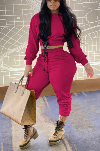 rose red Fashion Casual Solid Basic Hooded Collar Long Sleeve Regular Sleeve Short Two Pieces