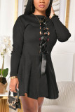 Negro sexy sólido patchwork o cuello manga larga mini lápiz falda vestidos