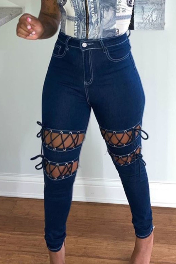 Ковбойские синие джинсы Street с рваной уздечкой и средней талией, стандартные размеры