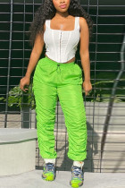 Pantaloni dritti solidi drappeggiati patchwork medio senza maniche con volant elastico verde