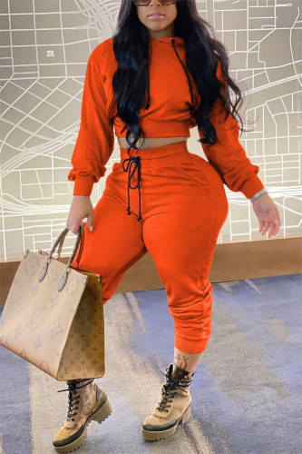 Orange Fashion Casual Solid Basic Hooded Collar Long Sleeve Regular Sleeve Short Two Pieces