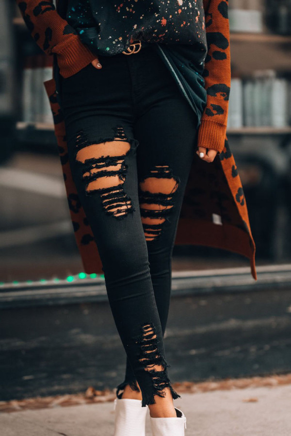 Schwarze Street Solid Skinny Jeans mit mittlerer Leibhöhe und Rissen