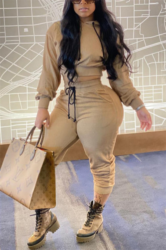 Beige Fashion Casual Solid Basic Hooded Collar Long Sleeve Regular Sleeve Short Two Pieces