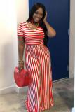 Red Fashion Sexy crop top Striped Two Piece Suits Slim fit Solid Straight Short Sleeve Two-pi