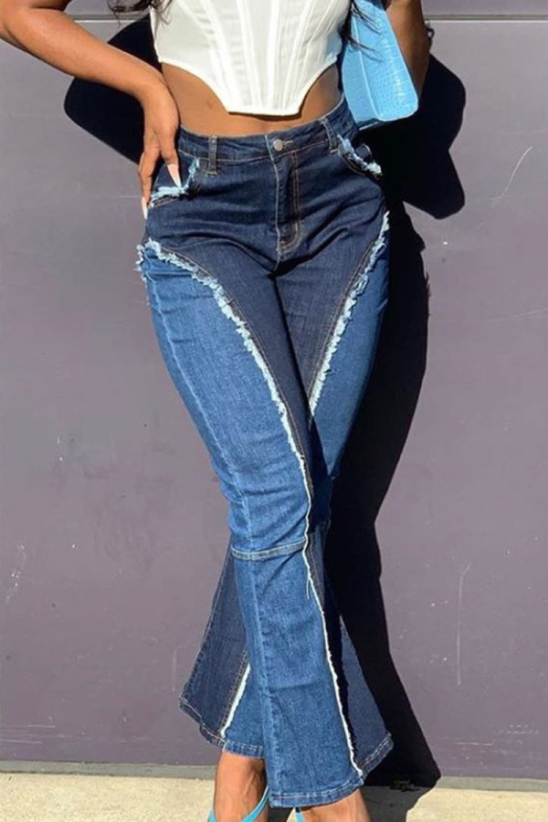 Blue Work dagelijkse effen patchwork normale jeans met middelhoge taille