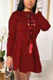 Vino rojo sexy sólido patchwork o cuello manga larga mini lápiz falda vestidos
