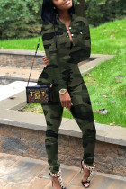 Армейский зеленый Уличный принт Лоскутная рубашка с воротником-стойкой с длинным рукавом Обычный рукав Из двух частей