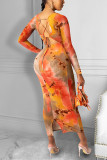 multicolor Fashion Sexy Print Hollowed Out V Neck Long Sleeve Mid Calf Printed Dress Dresses