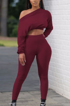 Wine Red Solid Split Joint Oblique Collar Two Pieces