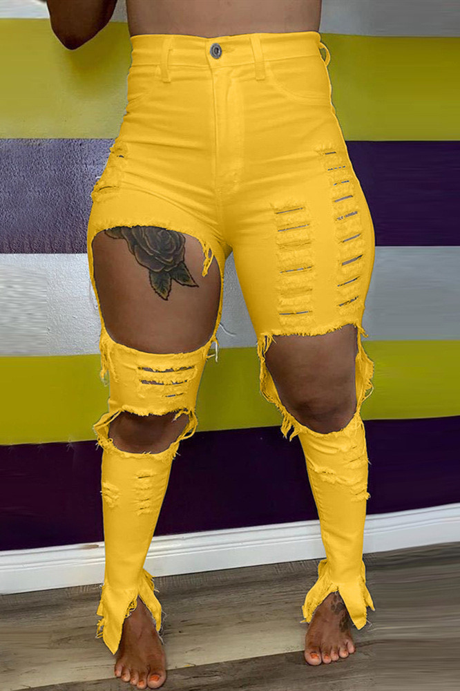 

Yellow Fashion Casual Solid Ripped Skinny Broken Hole Trousers