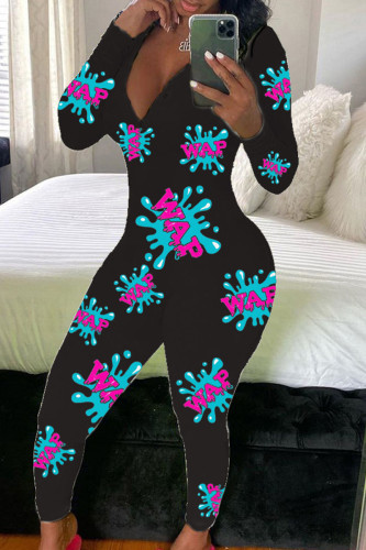 Baby Blue Fashion Adult Living Print Pants V Neck Skinny Jumpsuits