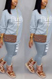 Blue Casual Print Letter O Neck Long Sleeve Regular Sleeve Regular Two Pieces