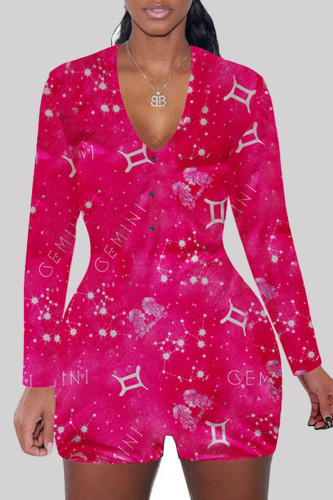 rose red Fashion Adult Living Print V Neck Skinny Rompers