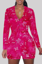 Macacão skinny com decote em V estampado adulto fashion vermelho rosa